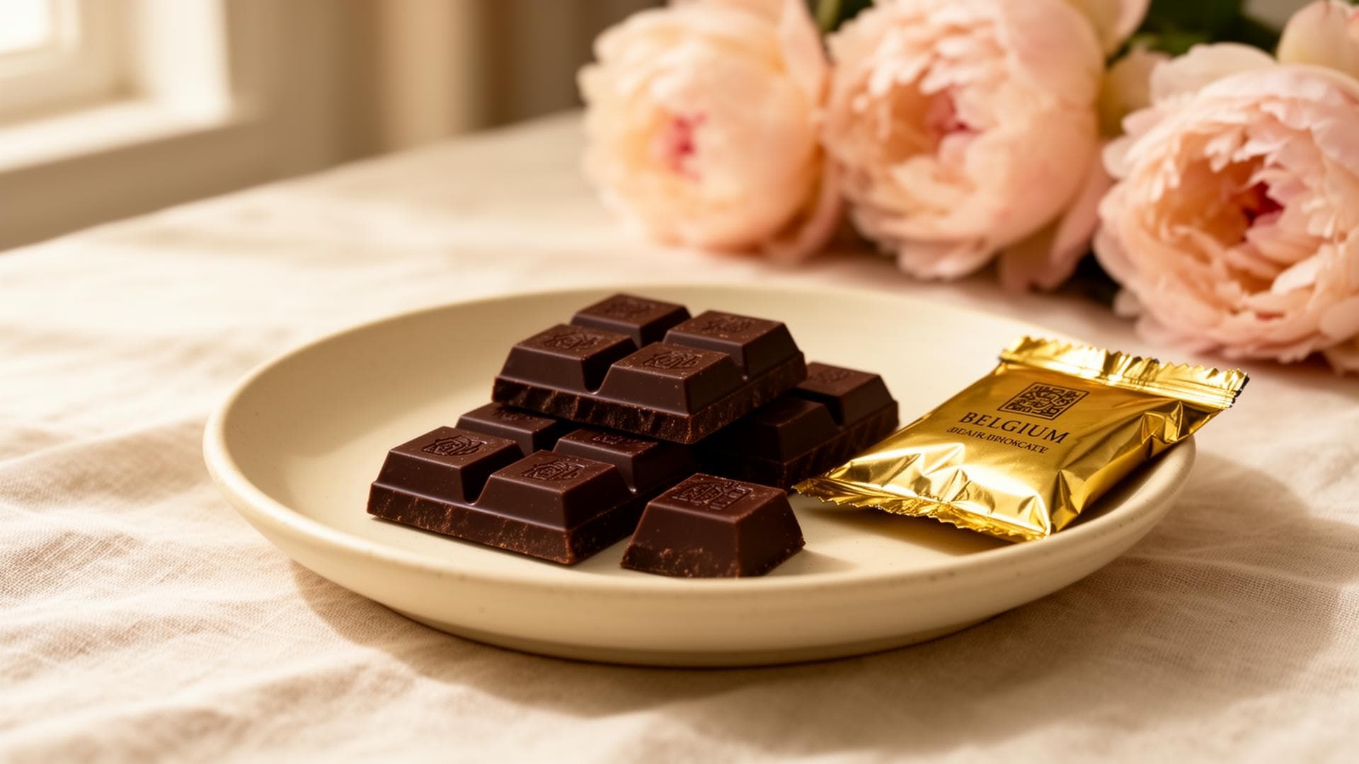 Dark Belgian chocolate squares dusted with cocoa powder